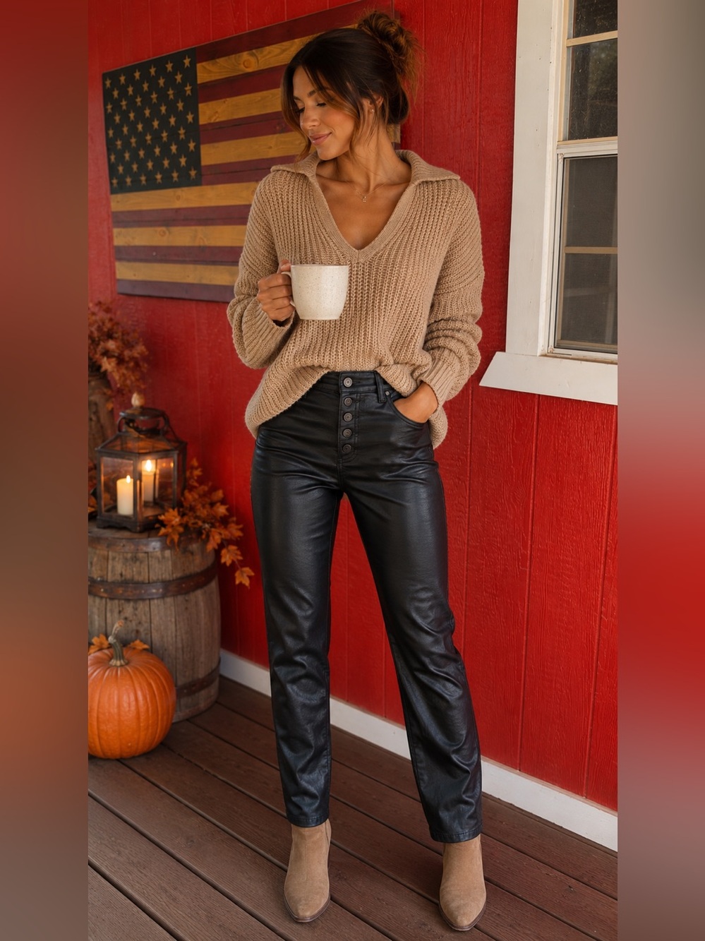 KanCan High-Waist Faux Leather Button-Front Pants in Black